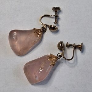 Vintage Style Rose Quartz Gemstone Dangle Earrings Gold Tone Screw Back